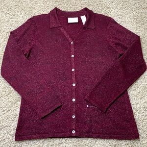 NWOT LIZ CLAIBORNE Burgundy black sparkle collared V-neck button up cardigan L